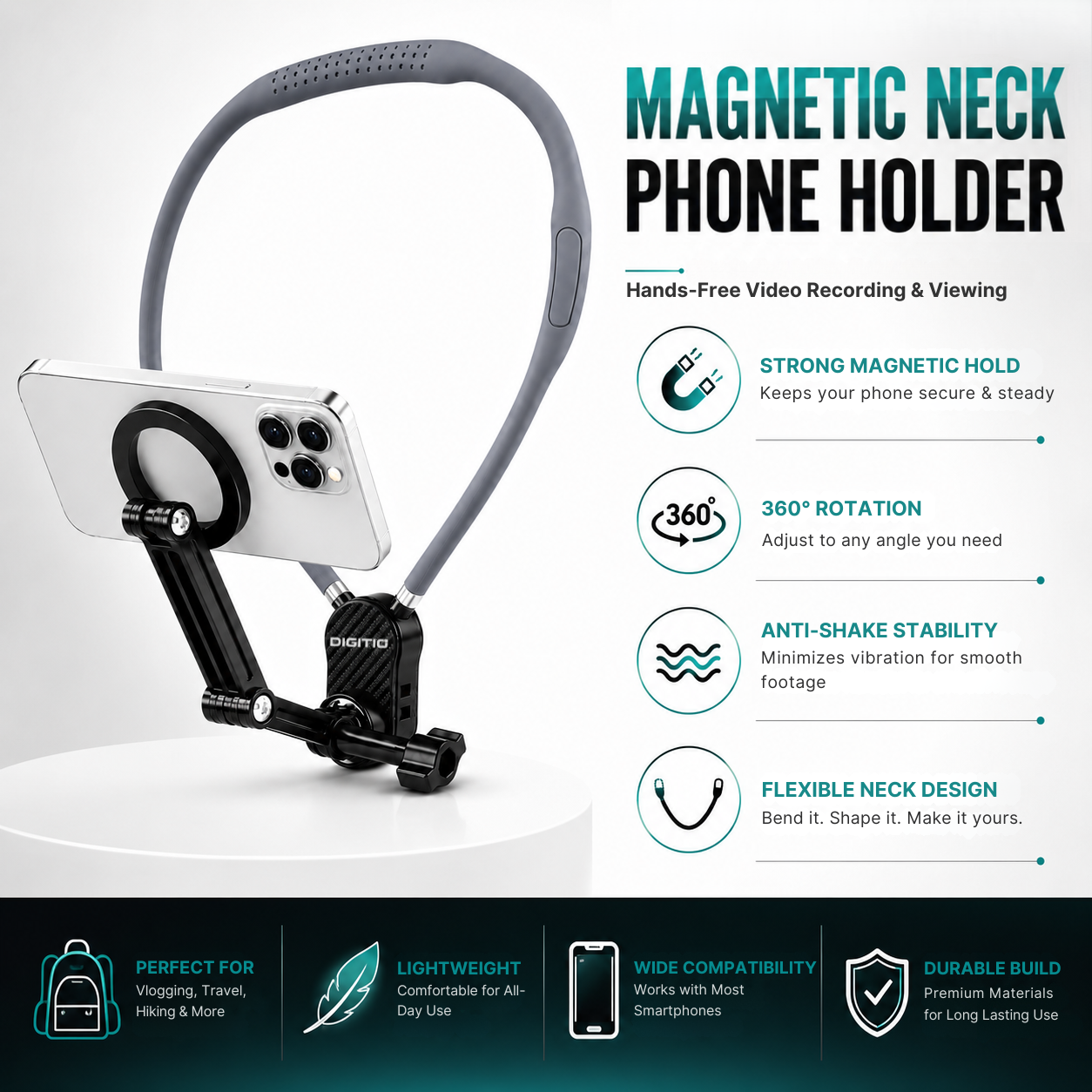 DIGITIO Magnetic Neck Phone Holder for Mobile | Hands-Free Hanging Neckband Mobile Accessories for Youtube Vlogging, Photography, POV Recording, Travel & Shooting | Vlog Neck Gadgets for Smartphone
