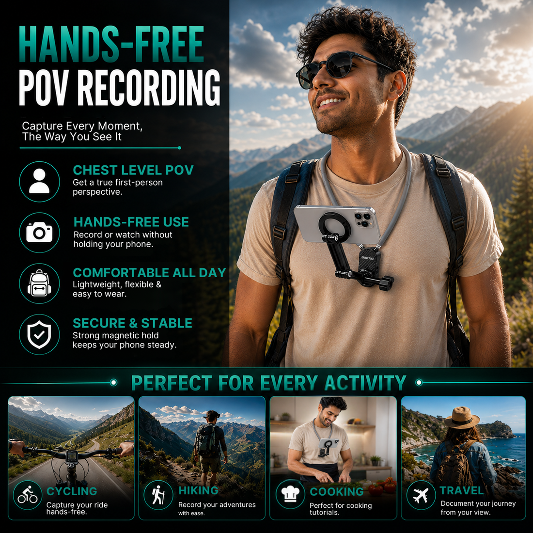DIGITIO Magnetic Neck Phone Holder for Mobile | Hands-Free Hanging Neckband Mobile Accessories for Youtube Vlogging, Photography, POV Recording, Travel & Shooting | Vlog Neck Gadgets for Smartphone