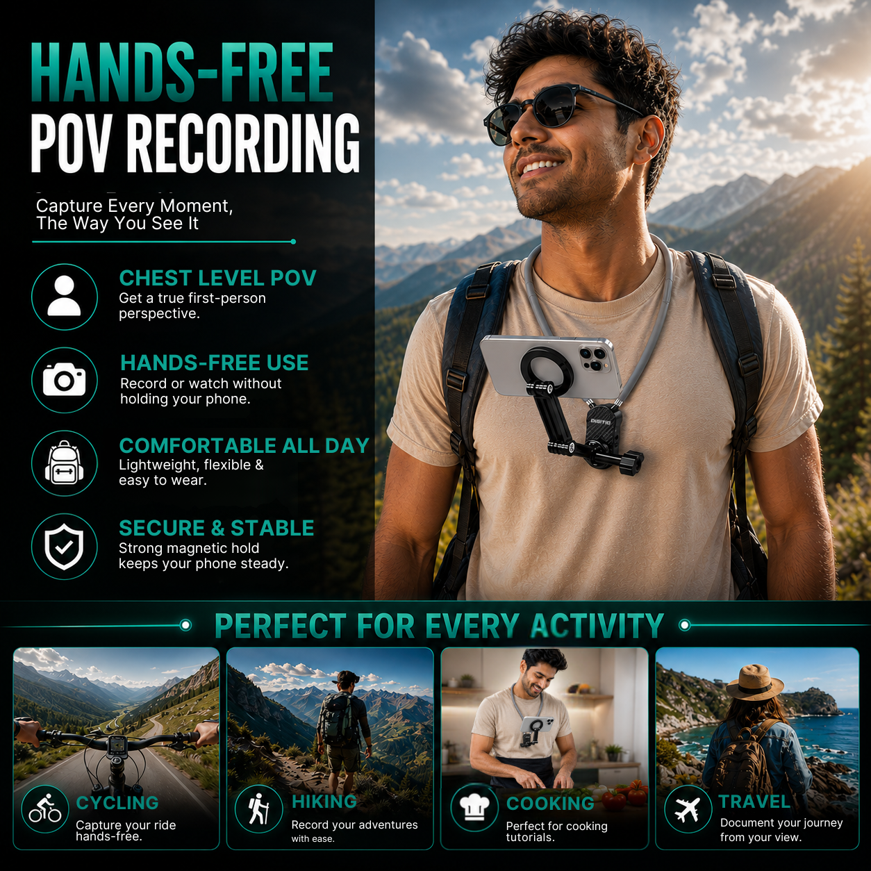 DIGITIO Magnetic Neck Phone Holder for Mobile | Hands-Free Hanging Neckband Mobile Accessories for Youtube Vlogging, Photography, POV Recording, Travel & Shooting | Vlog Neck Gadgets for Smartphone