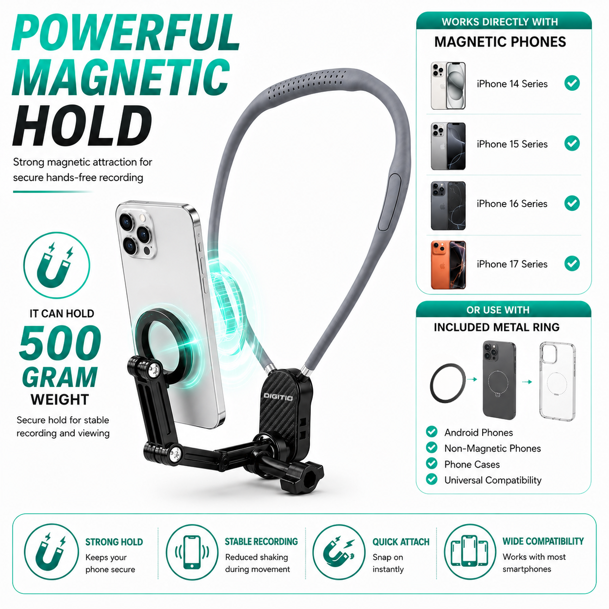 DIGITIO Magnetic Neck Phone Holder for Mobile | Hands-Free Hanging Neckband Mobile Accessories for Youtube Vlogging, Photography, POV Recording, Travel & Shooting | Vlog Neck Gadgets for Smartphone