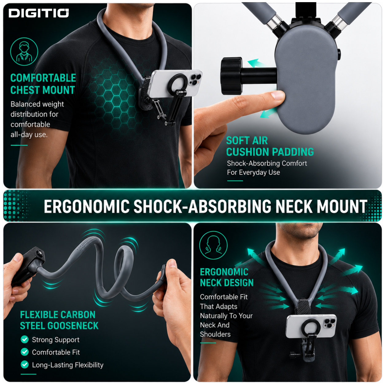 DIGITIO Magnetic Neck Phone Holder for Mobile | Hands-Free Hanging Neckband Mobile Accessories for Youtube Vlogging, Photography, POV Recording, Travel & Shooting | Vlog Neck Gadgets for Smartphone