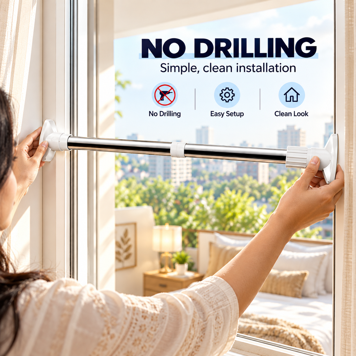 No-Drill Adjustable Curtain Rod – Easy Window Installation