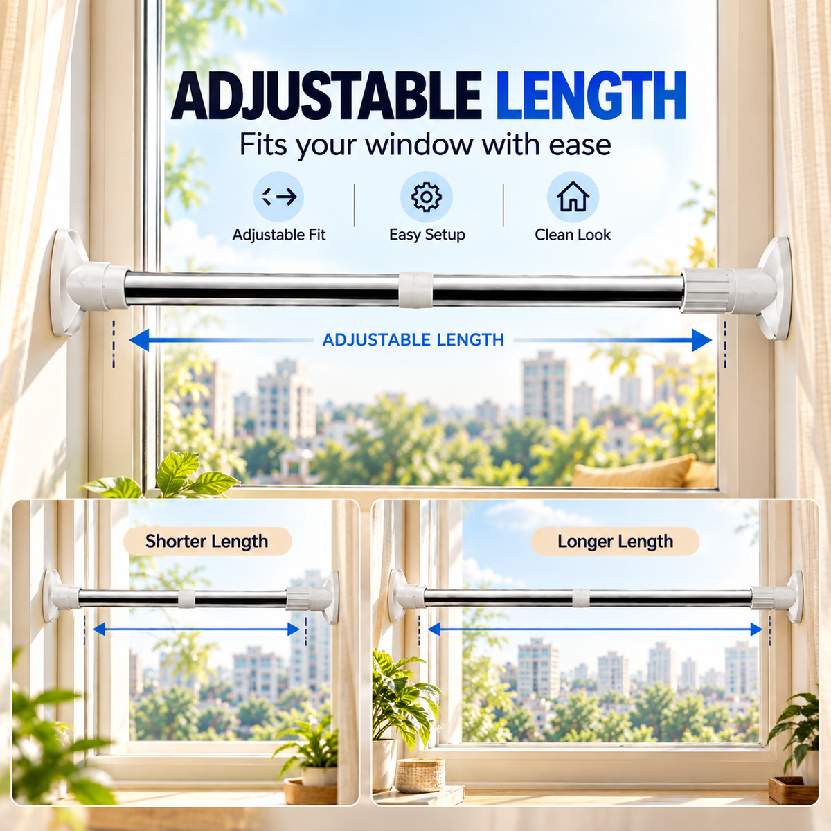 No-Drill Adjustable Curtain Rod – Easy Window Installation