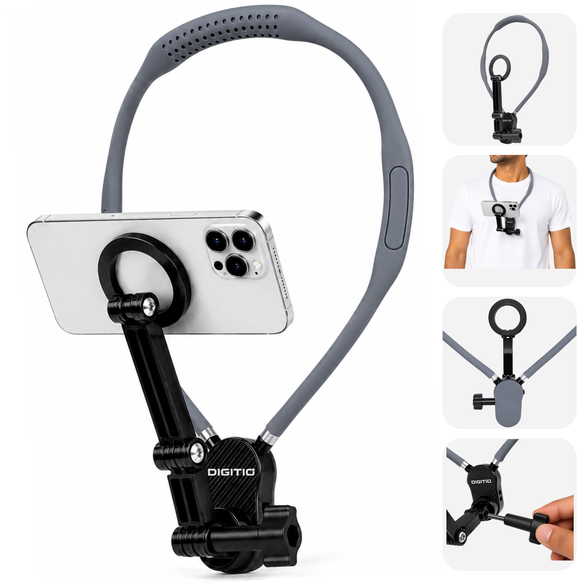 DIGITIO Magnetic Neck Phone Holder for Mobile | Hands-Free Hanging Neckband Mobile Accessories for Youtube Vlogging, Photography, POV Recording, Travel & Shooting | Vlog Neck Gadgets for Smartphone