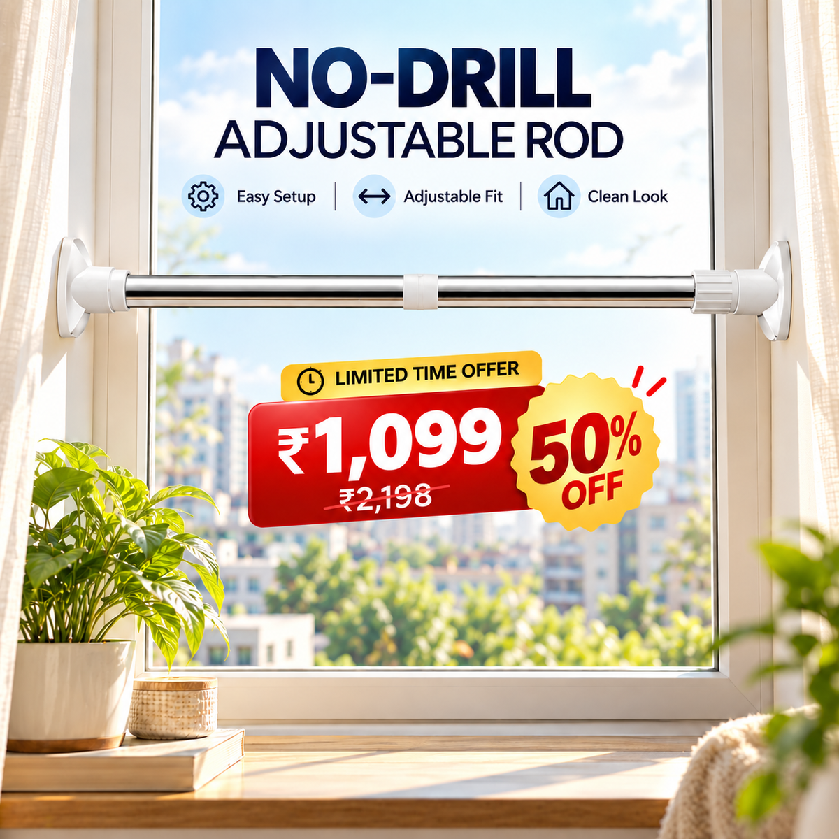 No-Drill Adjustable Curtain Rod – Easy Window Installation